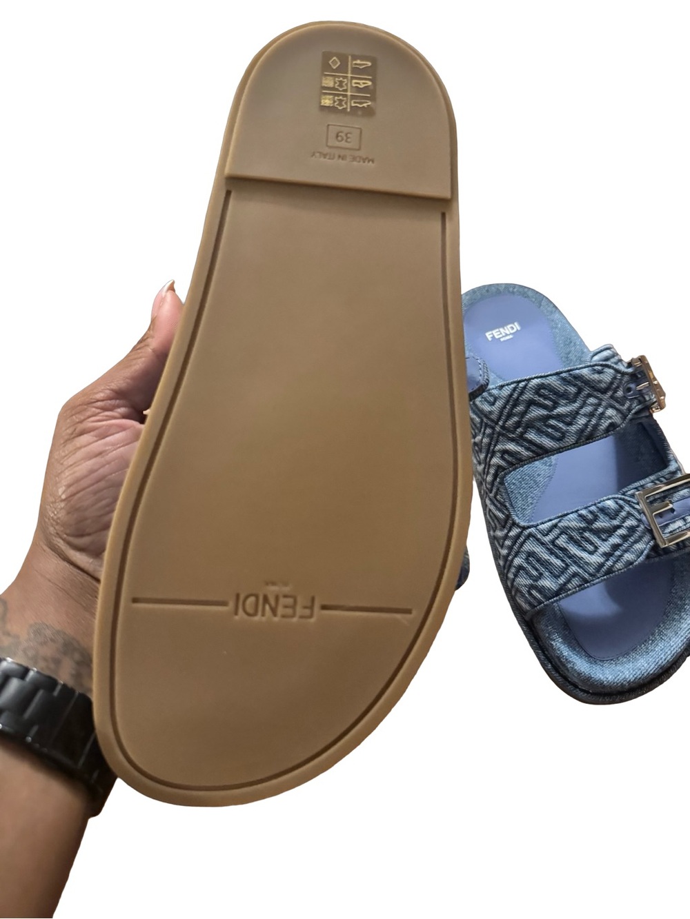 Fendi Feel Denim-Effect FF Jacquard Double-Buckle Slides NIB - Picture 3 of 7